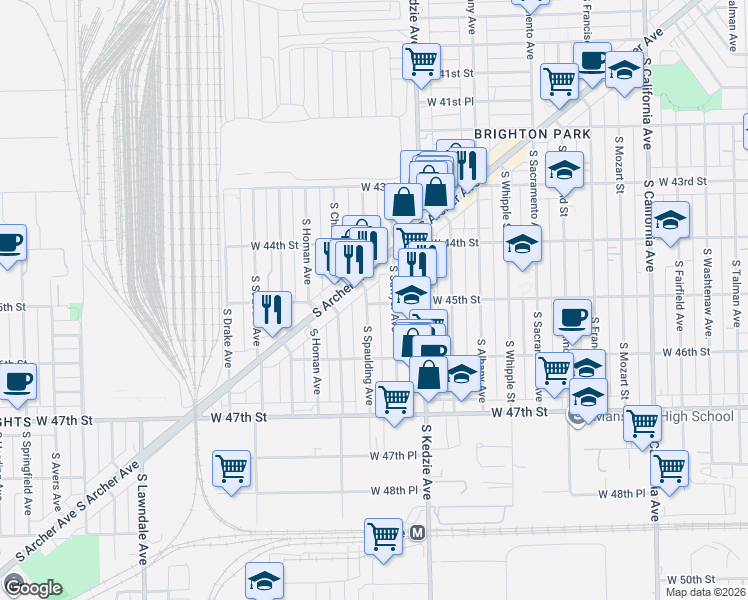 map of restaurants, bars, coffee shops, grocery stores, and more near 4431 South Archer Avenue in Chicago