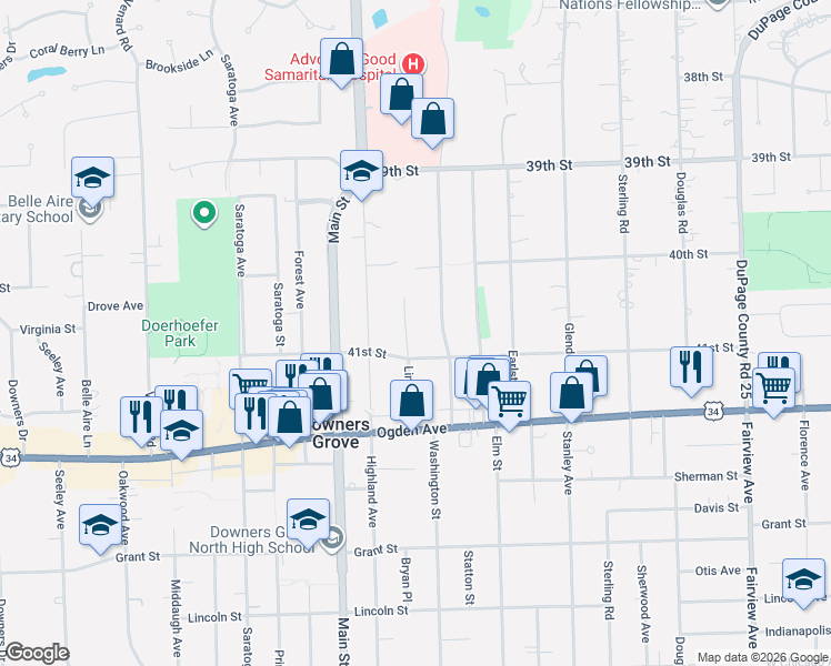 map of restaurants, bars, coffee shops, grocery stores, and more near 4113 Lindley Street in Downers Grove
