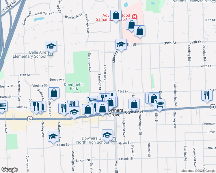 map of restaurants, bars, coffee shops, grocery stores, and more near 4103 Forest Avenue in Downers Grove