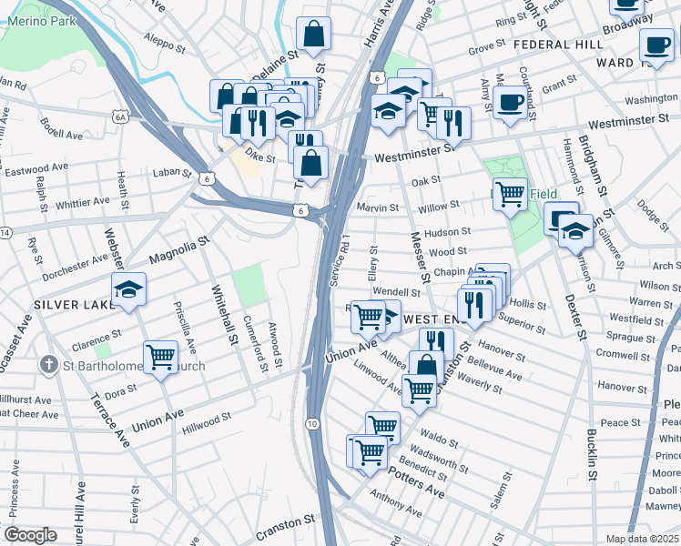map of restaurants, bars, coffee shops, grocery stores, and more near 170 Wood Street in Providence