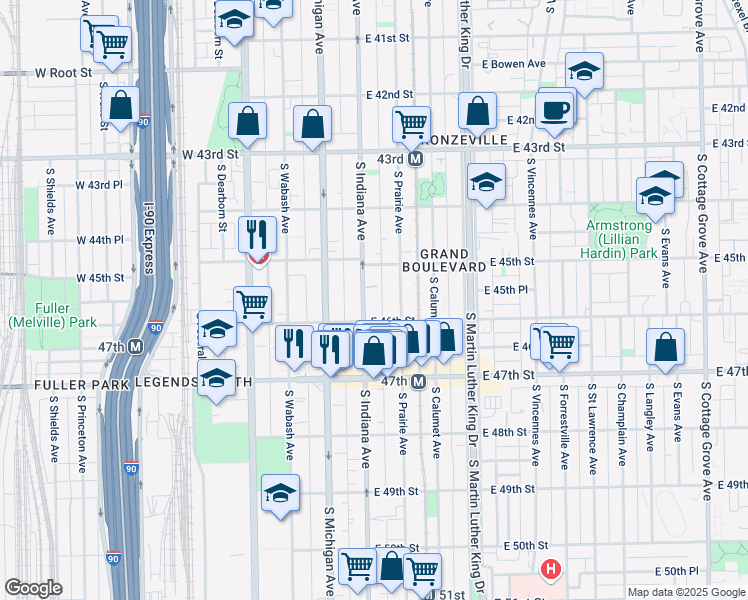 map of restaurants, bars, coffee shops, grocery stores, and more near 4513 South Indiana Avenue in Chicago