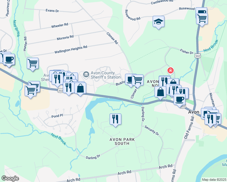 map of restaurants, bars, coffee shops, grocery stores, and more near 101 Bickford Drive in Avon