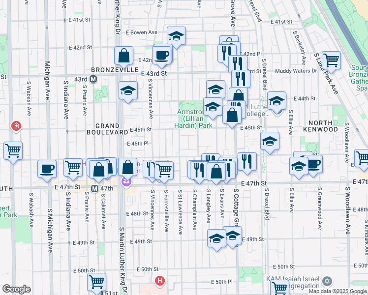 map of restaurants, bars, coffee shops, grocery stores, and more near 4518 South Champlain Avenue in Chicago
