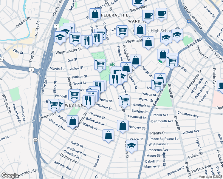 map of restaurants, bars, coffee shops, grocery stores, and more near in Providence