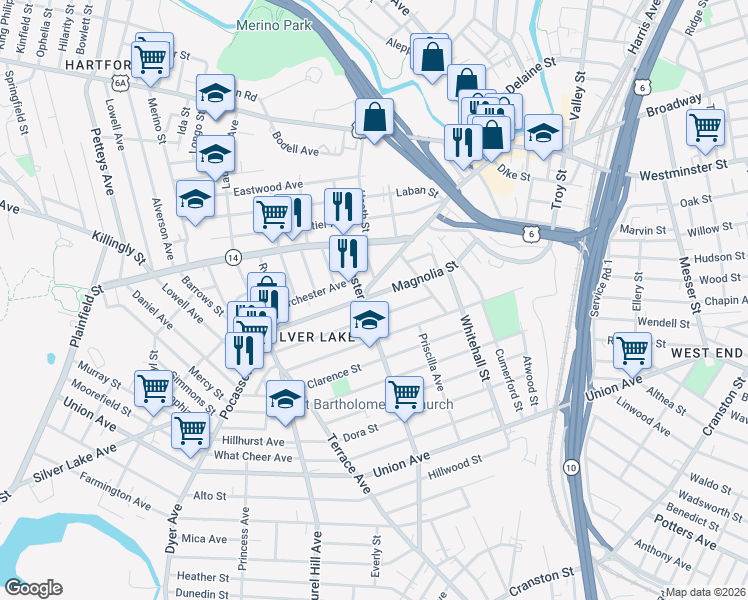 map of restaurants, bars, coffee shops, grocery stores, and more near 238 Magnolia Street in Providence