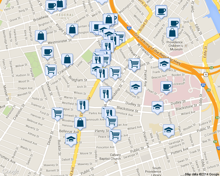 map of restaurants, bars, coffee shops, grocery stores, and more near 18 Linden Street in Providence