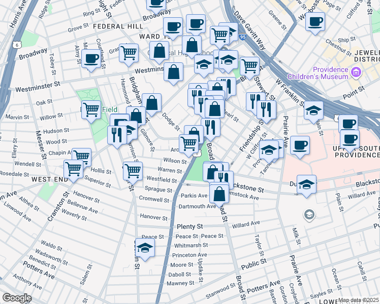 map of restaurants, bars, coffee shops, grocery stores, and more near 30 Bridgham Street in Providence