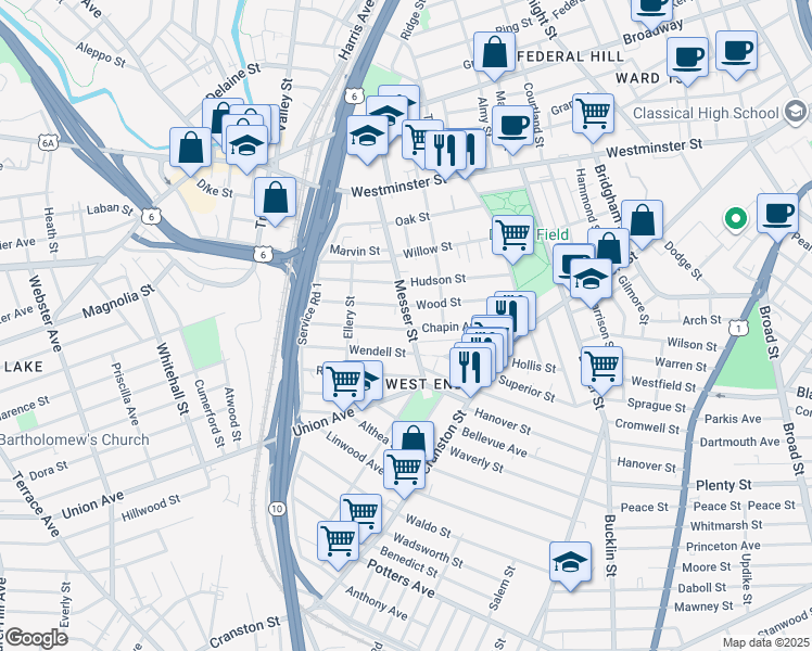map of restaurants, bars, coffee shops, grocery stores, and more near 113 Wood Street in Providence