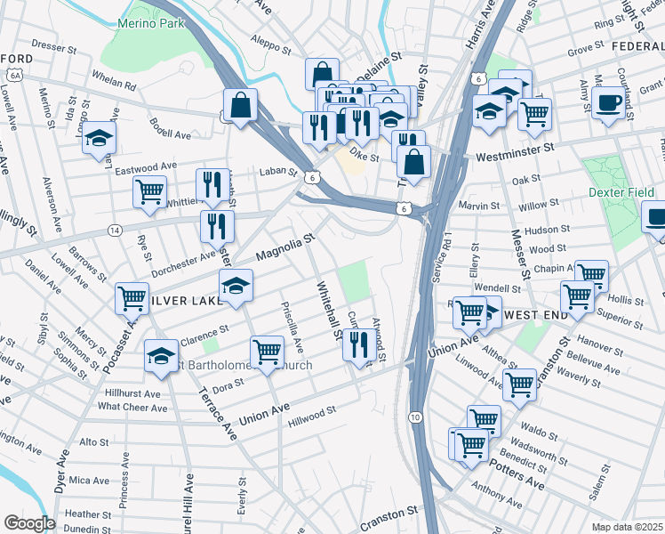 map of restaurants, bars, coffee shops, grocery stores, and more near 72 Judith Street in Providence