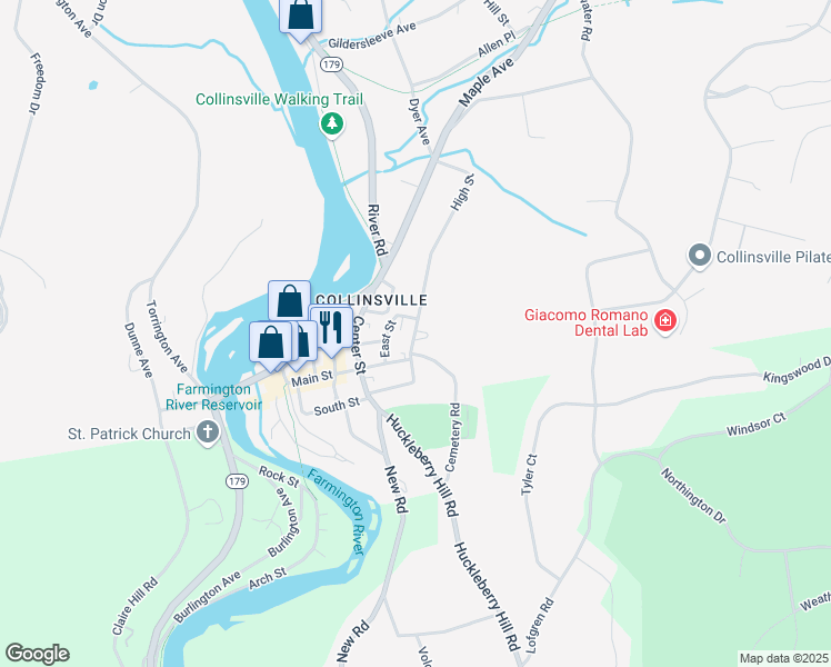 map of restaurants, bars, coffee shops, grocery stores, and more near 25 High Street in Canton