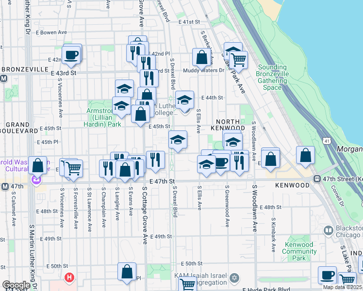 map of restaurants, bars, coffee shops, grocery stores, and more near 923 East 45th Street in Chicago