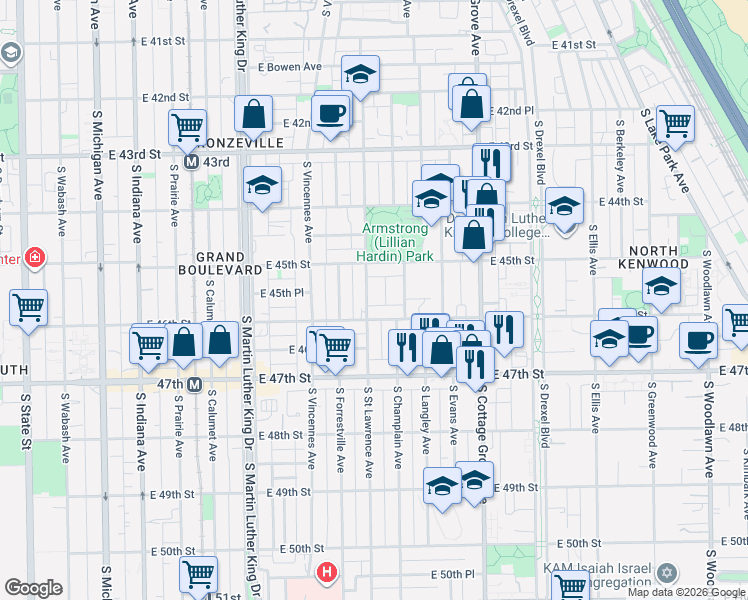 map of restaurants, bars, coffee shops, grocery stores, and more near 4518 South Champlain Avenue in Chicago