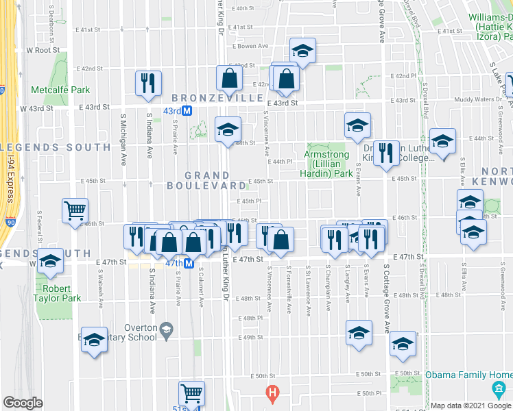 map of restaurants, bars, coffee shops, grocery stores, and more near 432 East 45th Place in Chicago