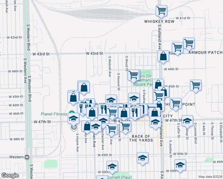 map of restaurants, bars, coffee shops, grocery stores, and more near 1852 West 45th Street in Chicago