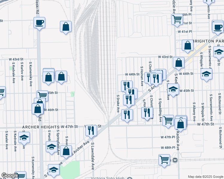 map of restaurants, bars, coffee shops, grocery stores, and more near 4432 South Drake Avenue in Chicago
