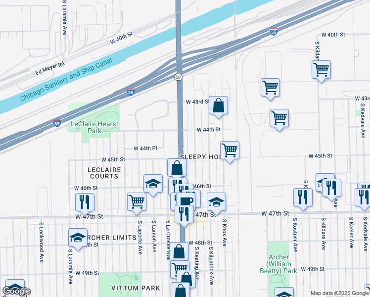 map of restaurants, bars, coffee shops, grocery stores, and more near 4416 South Keating Avenue in Chicago