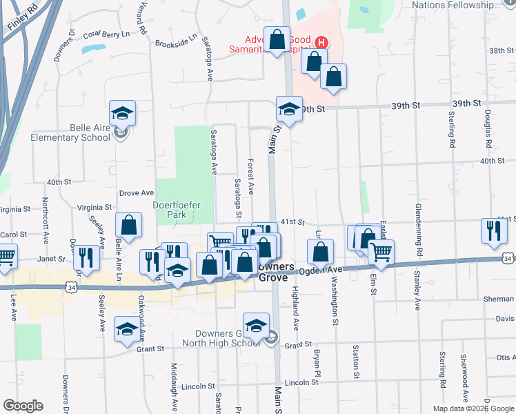map of restaurants, bars, coffee shops, grocery stores, and more near 4103 Forest Avenue in Downers Grove