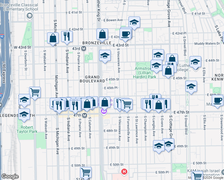 map of restaurants, bars, coffee shops, grocery stores, and more near 435 East 45th Place in Chicago