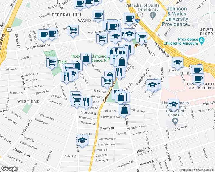map of restaurants, bars, coffee shops, grocery stores, and more near 10 Arch Street in Providence