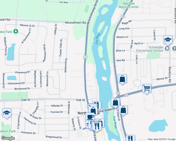 map of restaurants, bars, coffee shops, grocery stores, and more near 211 North Lincolnway Street in North Aurora