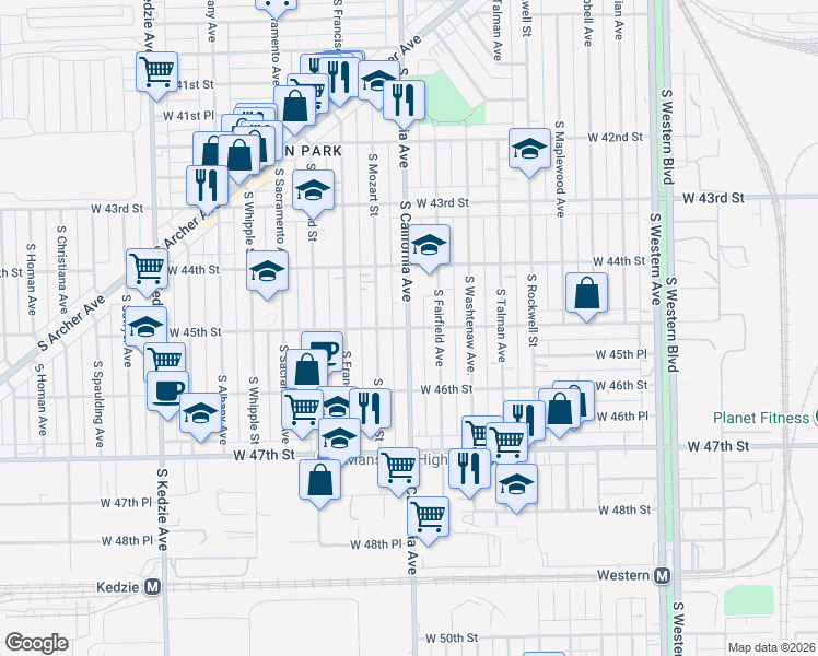 map of restaurants, bars, coffee shops, grocery stores, and more near S California Ave & W 45th St in Chicago