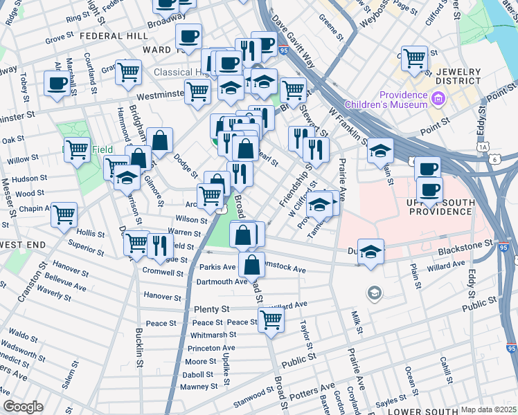 map of restaurants, bars, coffee shops, grocery stores, and more near 18 Linden Street in Providence