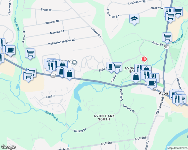 map of restaurants, bars, coffee shops, grocery stores, and more near 101 Bickford Drive in Avon