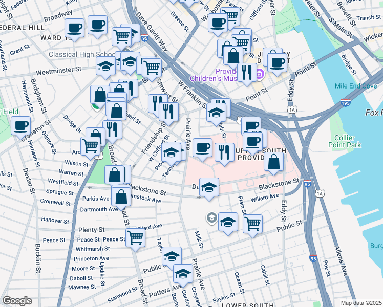 map of restaurants, bars, coffee shops, grocery stores, and more near 60 Prairie Avenue in Providence