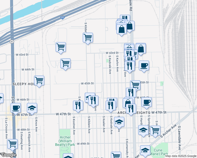 map of restaurants, bars, coffee shops, grocery stores, and more near 4433 South Tripp Avenue in Chicago