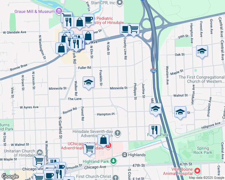 map of restaurants, bars, coffee shops, grocery stores, and more near 536 Jefferson Street in Hinsdale