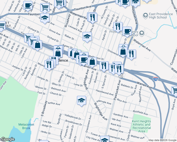 map of restaurants, bars, coffee shops, grocery stores, and more near 508 Warren Avenue in East Providence