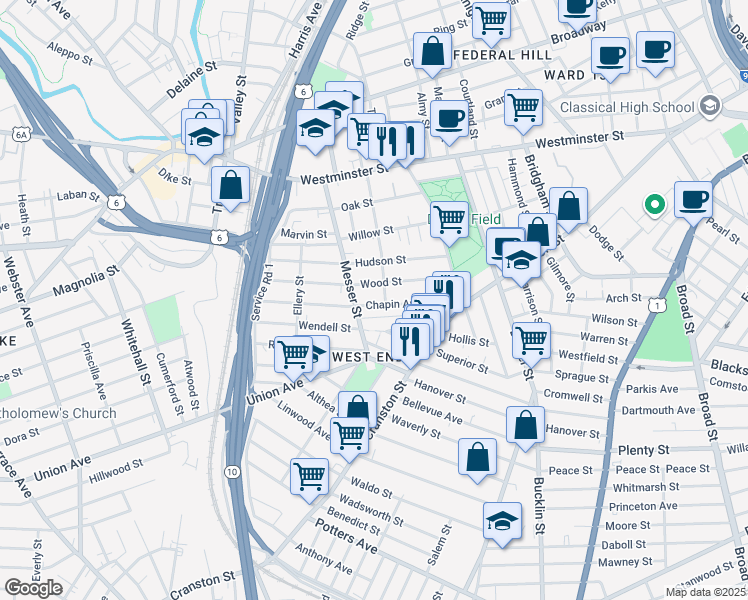 map of restaurants, bars, coffee shops, grocery stores, and more near in Providence