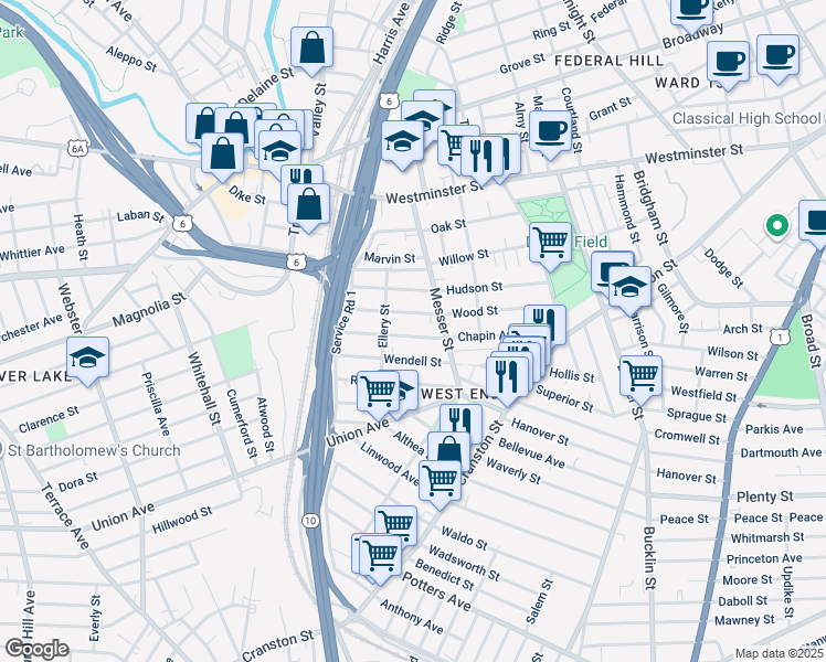 map of restaurants, bars, coffee shops, grocery stores, and more near 138 Wood Street in Providence