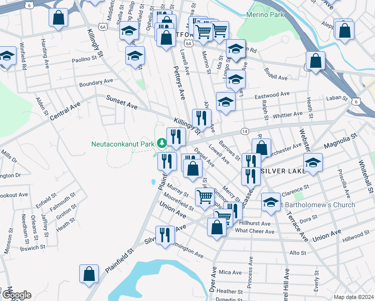 map of restaurants, bars, coffee shops, grocery stores, and more near in Providence