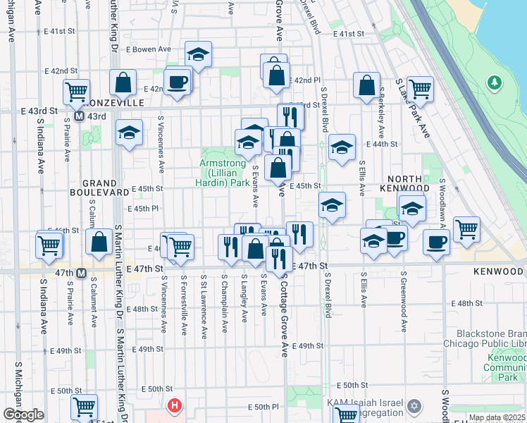 map of restaurants, bars, coffee shops, grocery stores, and more near 4521 South Evans Avenue in Chicago