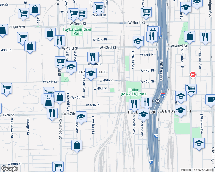 map of restaurants, bars, coffee shops, grocery stores, and more near 517 West 45th Street in Chicago