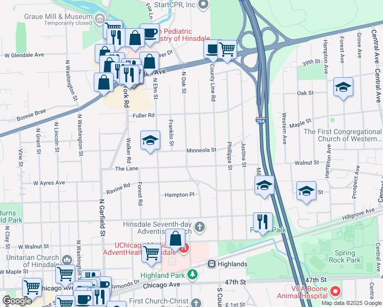 map of restaurants, bars, coffee shops, grocery stores, and more near 536 Jefferson Street in Hinsdale