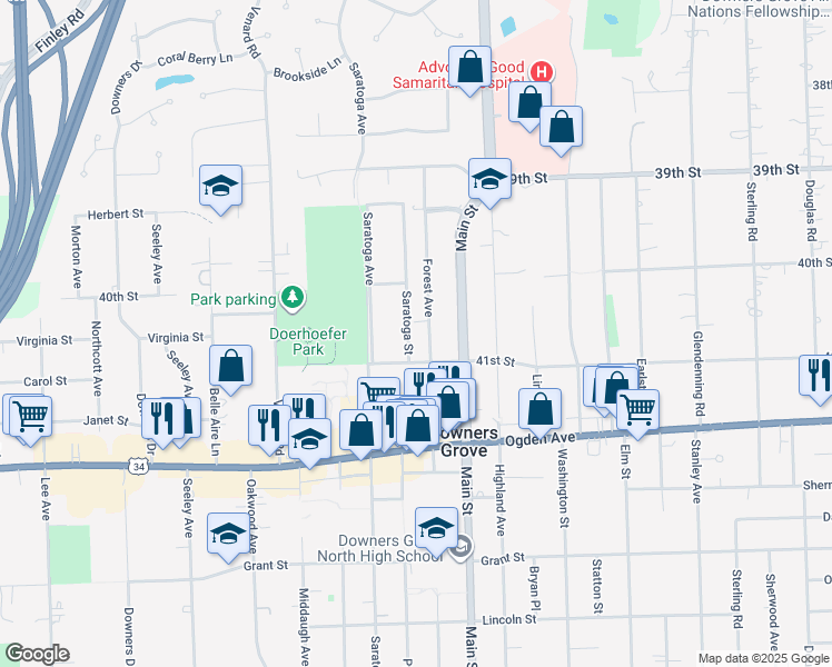 map of restaurants, bars, coffee shops, grocery stores, and more near 4103 Forest Avenue in Downers Grove
