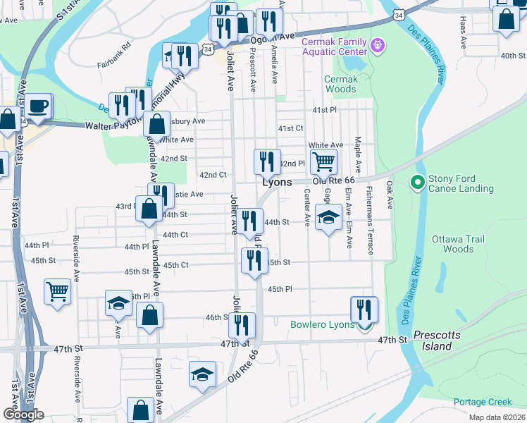 map of restaurants, bars, coffee shops, grocery stores, and more near 4323 Historic U.S. 66 in Lyons
