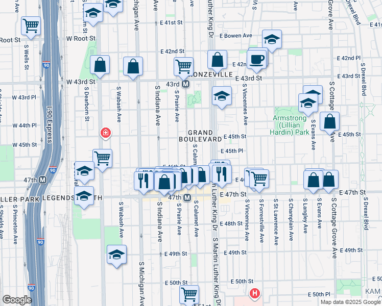 map of restaurants, bars, coffee shops, grocery stores, and more near 4530 South Calumet Avenue in Chicago