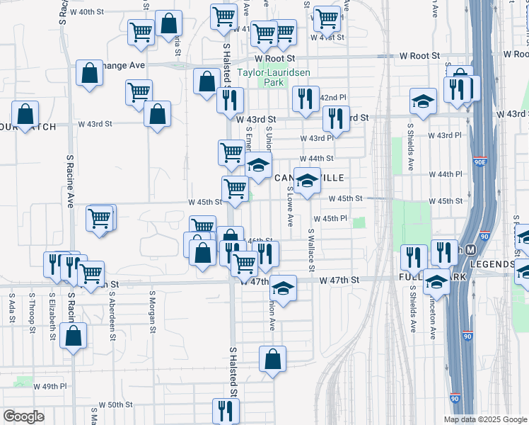 map of restaurants, bars, coffee shops, grocery stores, and more near 4500 South Union Avenue in Chicago