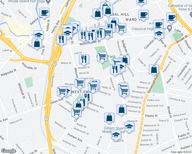 map of restaurants, bars, coffee shops, grocery stores, and more near 41 Chapin Avenue in Providence