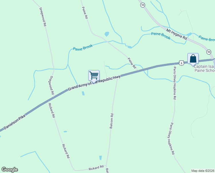 map of restaurants, bars, coffee shops, grocery stores, and more near 140 Danielson Pike in Foster