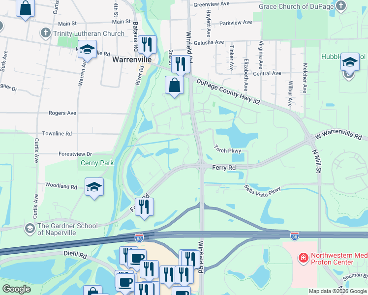 map of restaurants, bars, coffee shops, grocery stores, and more near 28100 Torch Parkway in Warrenville