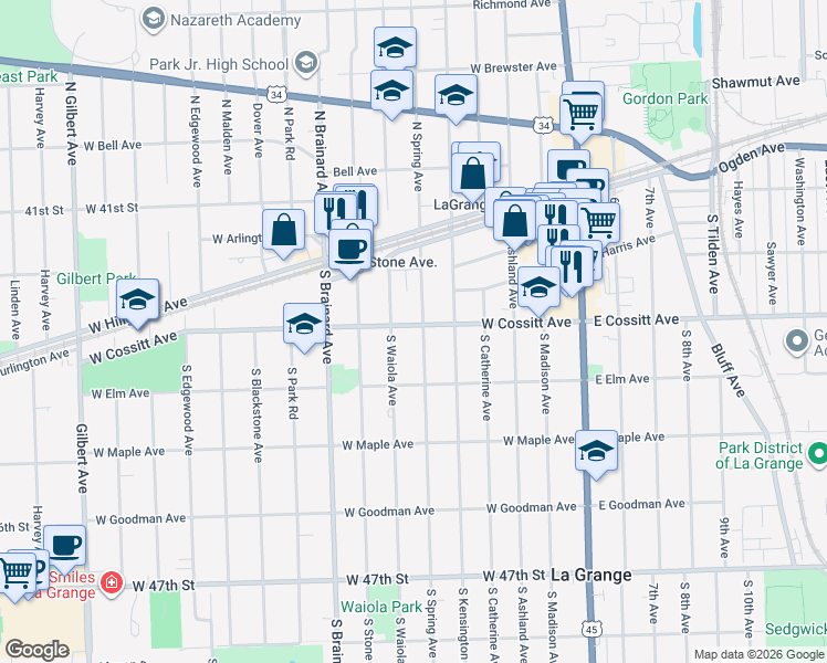 map of restaurants, bars, coffee shops, grocery stores, and more near 56 South Spring Avenue in La Grange