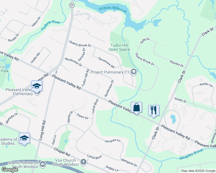 map of restaurants, bars, coffee shops, grocery stores, and more near 190 Northview Drive in South Windsor