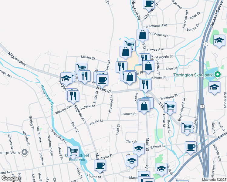 map of restaurants, bars, coffee shops, grocery stores, and more near 186 North Elm Street in Torrington
