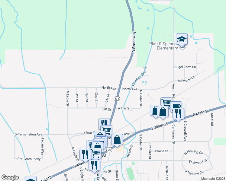 map of restaurants, bars, coffee shops, grocery stores, and more near 38 North Avenue in Geneva