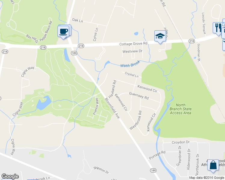 map of restaurants, bars, coffee shops, grocery stores, and more near Haviland Road in Bloomfield