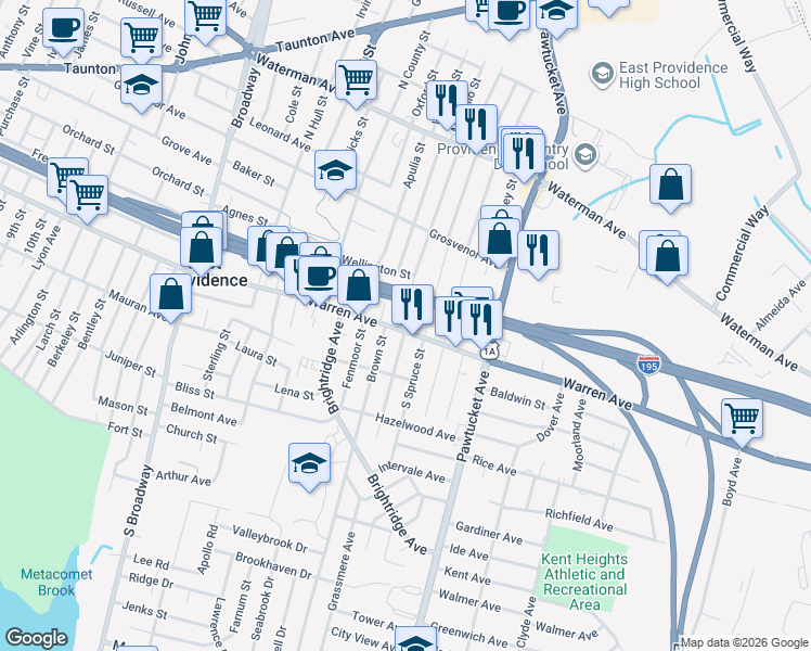 map of restaurants, bars, coffee shops, grocery stores, and more near 51 Abby Street in East Providence